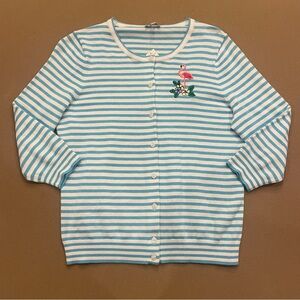 Talbots Blue & White Stripe Cardigan With Embroidered Floral & Flamingo Size MP